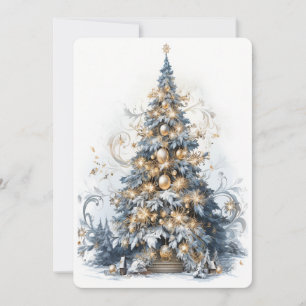Schöner blauer und goldener Weihnachtsbaum Feiertagskarte
