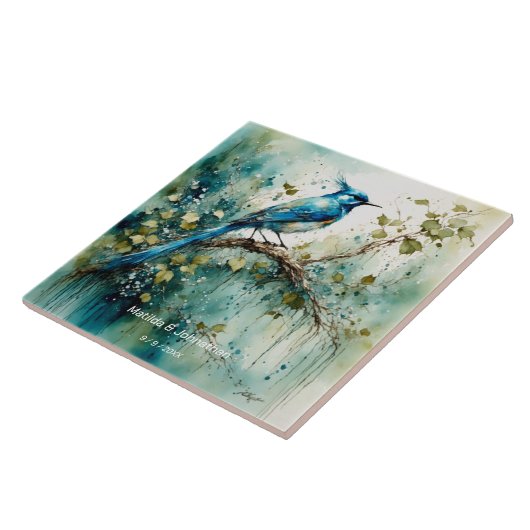 Schöner Blauer Vogel. Name & Hochzeitdatum bearbei Fliese (Seite)