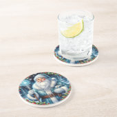 Schöner blauer Weihnachtsmann mit Winterdekoration Getränkeuntersetzer (Seite)