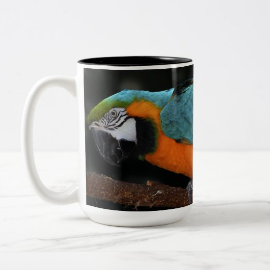 Schöner Blauund GoldMacaw Zweifarbige Tasse (Links)