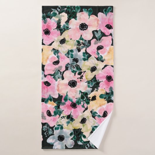 Schöner Blumendruck in Aquarellfarben mit dunklem Badehandtuch (Badehandtuch)
