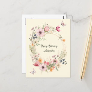 Schöner Blumenkranz und Schmetterlinge Geburtstag Postkarte