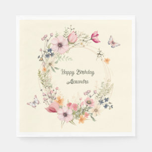 Schöner Blumenkranz und Schmetterlinge Geburtstag Serviette