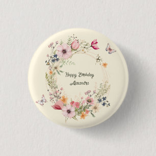 Schöner Blumenkranz und Schmetterlinge zum Geburts Button