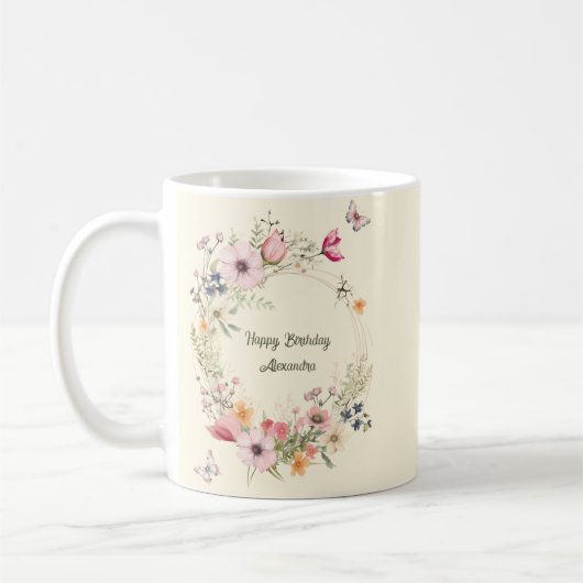 Schöner Blumenkranz und Schmetterlinge zum Geburts Kaffeetasse (Links)