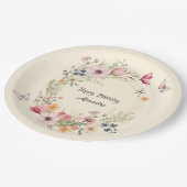 Schöner Blumenkranz und Schmetterlinge zum Geburts Pappteller (Schrägansicht)