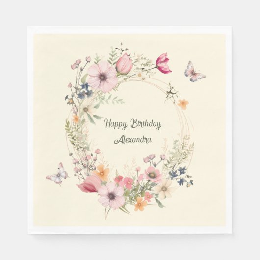 Schöner Blumenkranz und Schmetterlinge zum Geburts Serviette (Vorderseite)