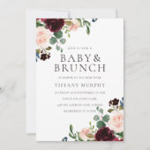 Schöner Blush Burgundy Blume Babydusche Brunch Einladung (Vorderseite)