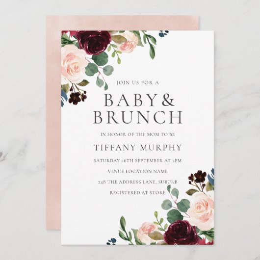 Schöner Blush Burgundy Blume Babydusche Brunch Einladung (Vorne/Hinten)