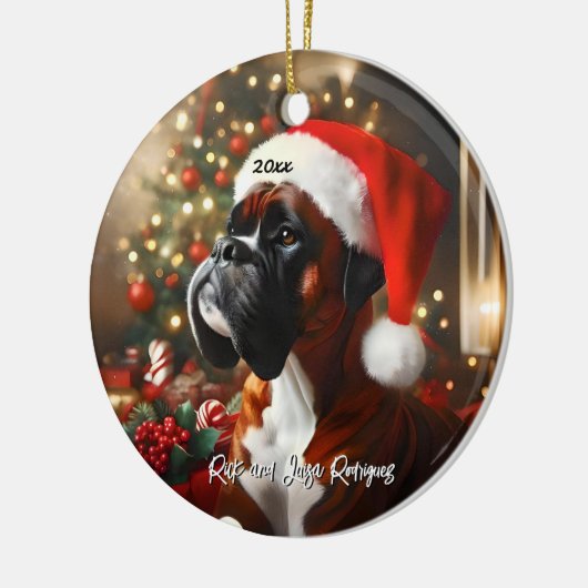 Schöner Boxer mit Weihnachtsmannmütze Keramik Ornament (Links)