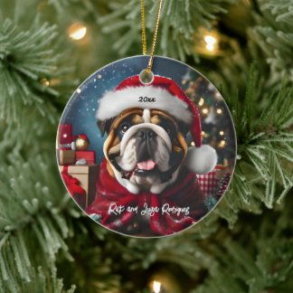 Schöner Bulldog mit Weihnachtsmannmütze Keramik Ornament