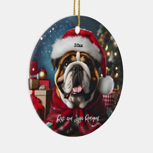 Schöner Bulldog mit Weihnachtsmannmütze Keramik Ornament (Rechts)