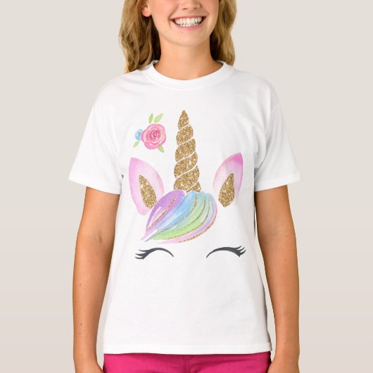 Schöner Cartoon Einhorn mit Rainbow Background T-Shirt (Vorderseite)