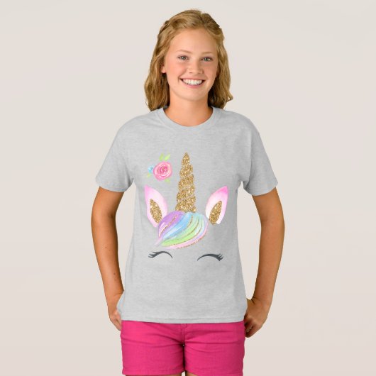 Schöner Cartoon Einhorn mit Rainbow Background T-Shirt (Vorne ganz)