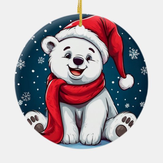 Schöner Cartoon Eisbär in Weihnachtsmannmütze Keramik Ornament (Hinten)