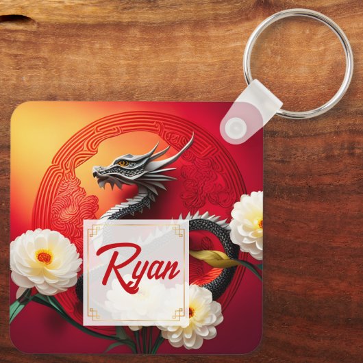 Schöner chinesischer Drache Neujahr 2024 Monogram Schlüsselanhänger (Rückseite)