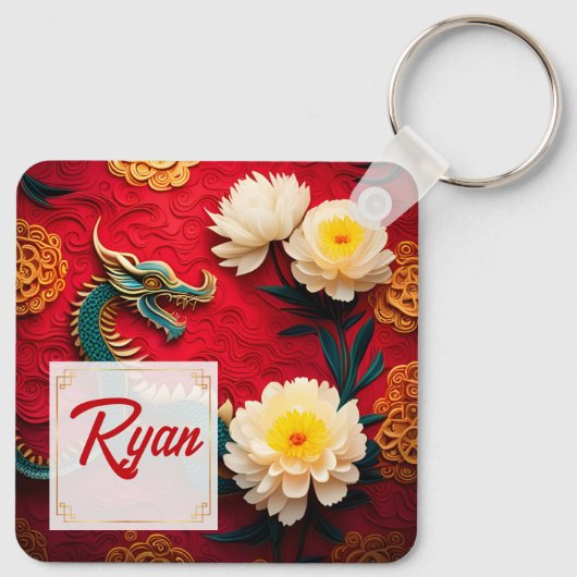 Schöner chinesischer Drache Neujahr Monogram SqK2 Schlüsselanhänger (Rückseite)