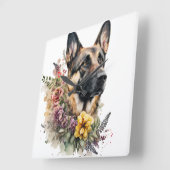 SCHÖNER DEUTSCHER SCHEPHERHERHUND MIT WILDBLUMEN QUADRATISCHE WANDUHR (Winkel)
