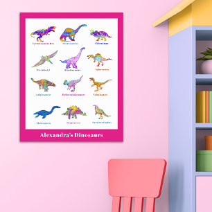 Schöner Dinosaurier-Wasserfarben mit Namen rosa Po Poster