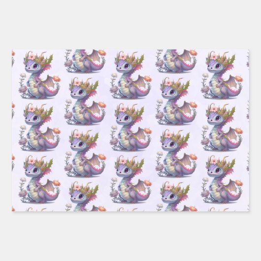 Schöner Drache mit Eleganter Krone Gemustert Geschenkpapier Set (Vorderseite 3)