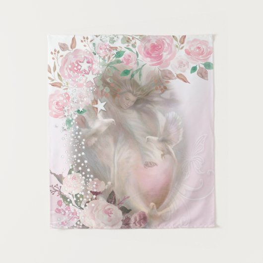 Schöner Engel mit Tauben und Rosen Wandteppich (Vorderseite)