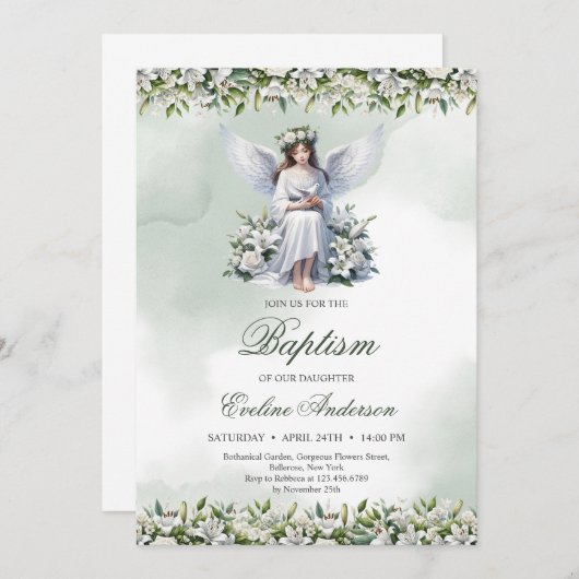 Schöner Engel mit taubenweißen Lilien Taufe Einladung (Vorne/Hinten)