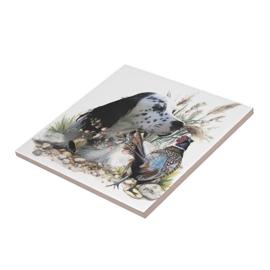 Schöner englischer Setter mit Pheasant , Kunst Fliese (Seite)