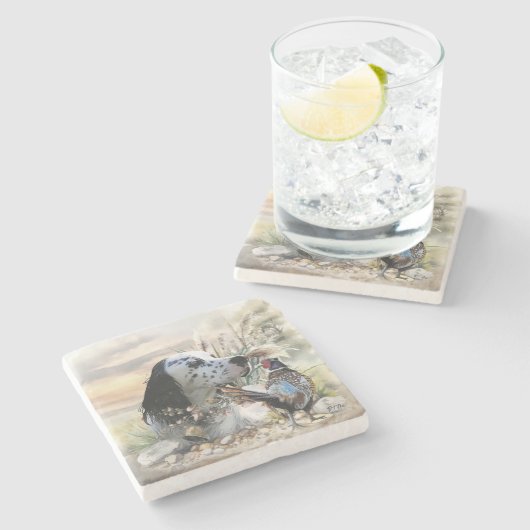 Schöner englischer Setter mit Pheasant , Kunst Steinuntersetzer (Seitenansicht)