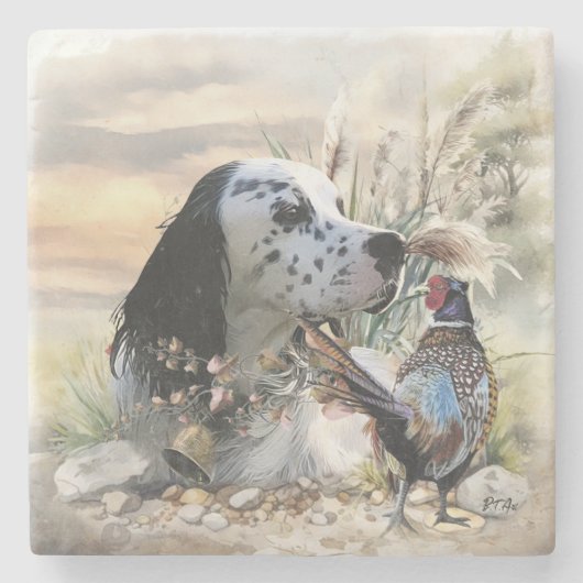 Schöner englischer Setter mit Pheasant , Kunst Steinuntersetzer (Vorderseite)