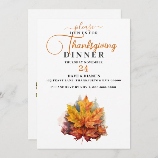 Schöner, farbenfroher Fall Ahornleaf Erntedank Einladung (Vorne/Hinten)