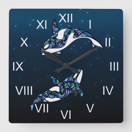 Schöner, farbenfroher Orca Whales Beach Quadratische Wanduhr (Vorderseite)