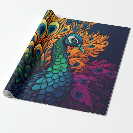 Schöner, farbenfroher Pfau, Art Deco Stil Geschenkpapier (Ungerollt)