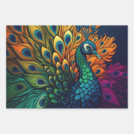Schöner, farbenfroher Pfau, Art Deco Stil Geschenkpapier Set (Vorderseite)