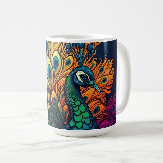 Schöner, farbenfroher Pfau, Art Deco Stil Kaffeetasse (VorderseiteRechts)