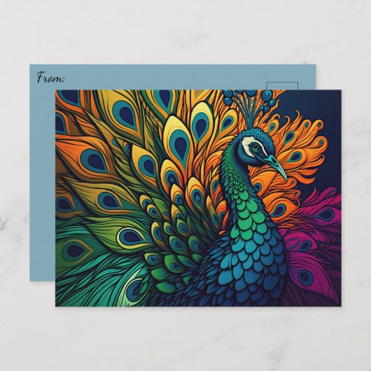 Schöner, farbenfroher Pfau, Art Deco Stil Postkarte (Vorne/Hinten)