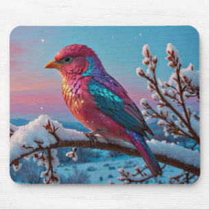 Schöner, farbenfroher Vogel auf einem Schneebaum Mousepad