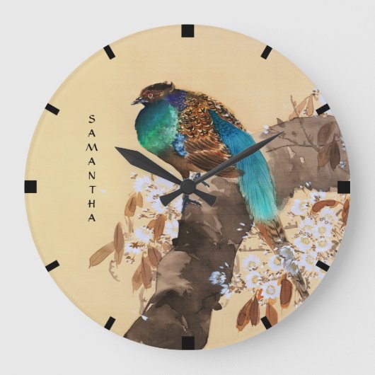 Schöner Fasan-blühender Baum-Vintager Japaner Große Wanduhr (Vorderseite)