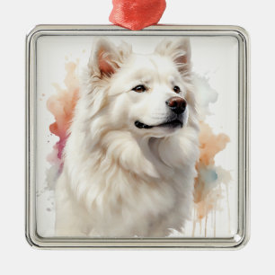 SCHÖNER FLÜFFE WEISS SAMOYED HUND ORNAMENT AUS METALL