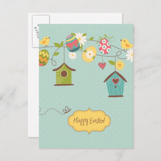 Schöner Frühlingshintergrund mit Vogelhaus Postkarte (Vorne/Hinten)