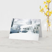 Schöner Fünfzigerjahre Schnee bedeckte Haus und Karte (Gelbe Blume)