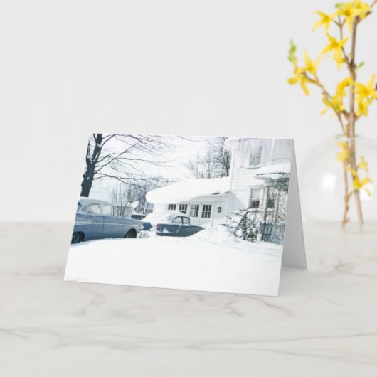 Schöner Fünfzigerjahre Schnee bedeckte Haus und Karte (Gelbe Blume)