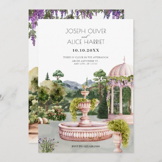Schöner Garten mit Aquarellfarben, elegante Hochze Einladung (Vorne/Hinten)
