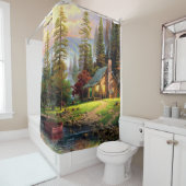 Schöner Gebirgshölzernes Chalet auf Fluss-Ufer Duschvorhang (Beispiel)