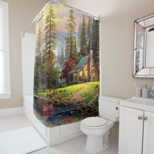 Schöner Gebirgshölzernes Chalet auf Fluss-Ufer Duschvorhang (Beispiel)