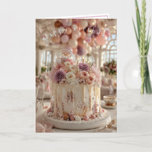 Schöner Geburtstagskuchen mit hübschen rosa-mauven Karte