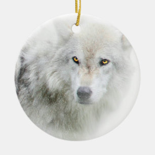 Schöner Goldenäugiger Wolf im Schnee-Ornament Keramikornament