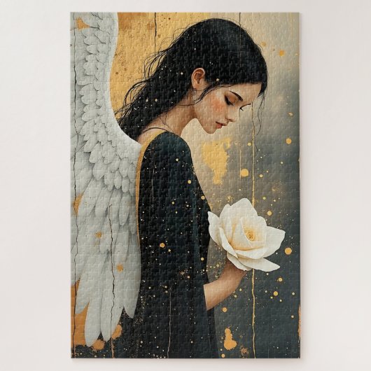 Schöner gotischer Engel und weiße himmlische Rose Puzzle (Vertikal)