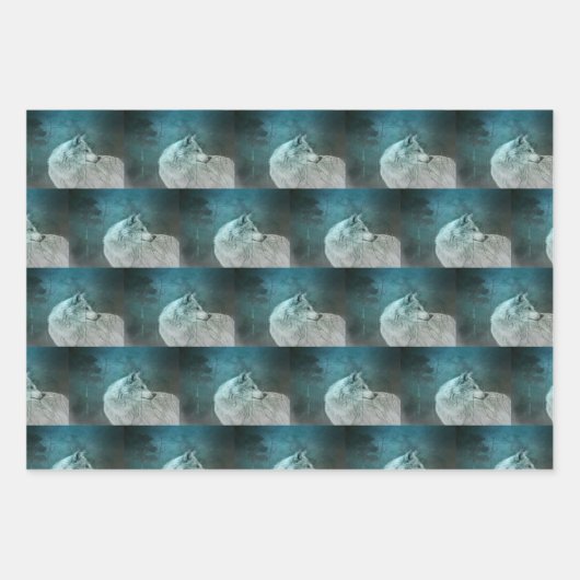 Schöner grauer Wolf im Dunkelwaldmuster Geschenkpapier Set (Vorderseite)