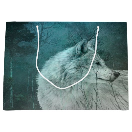 Schöner grauer Wolf in einem dunklen Wald Große Geschenktüte (Vorderseite)
