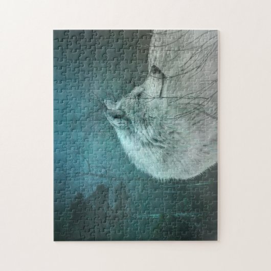 Schöner grauer Wolf in einem dunklen Wald Puzzle (Vertikal)